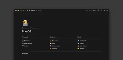 A screenshot of Notion dashboard called BranOS. It shows pages in my dashboard like kudos, blog posts, case studies, notes, and more